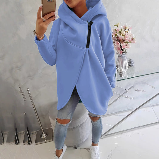 Női egyszínű kapucnis pulóver elülső zsebbel és cipzárral