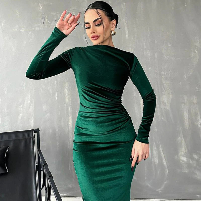 💃Női divatos, karcsúsított, hosszú ujjú ruha, egyszínű